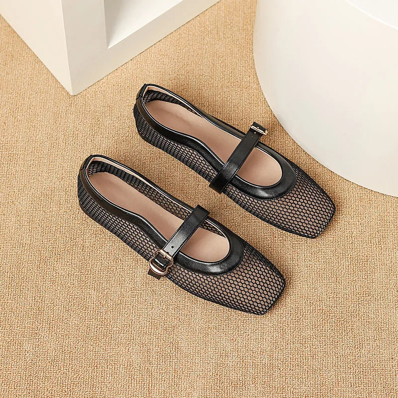 Women's beige mesh summer hiking pumps with a buckle and flat heel on a plain background.