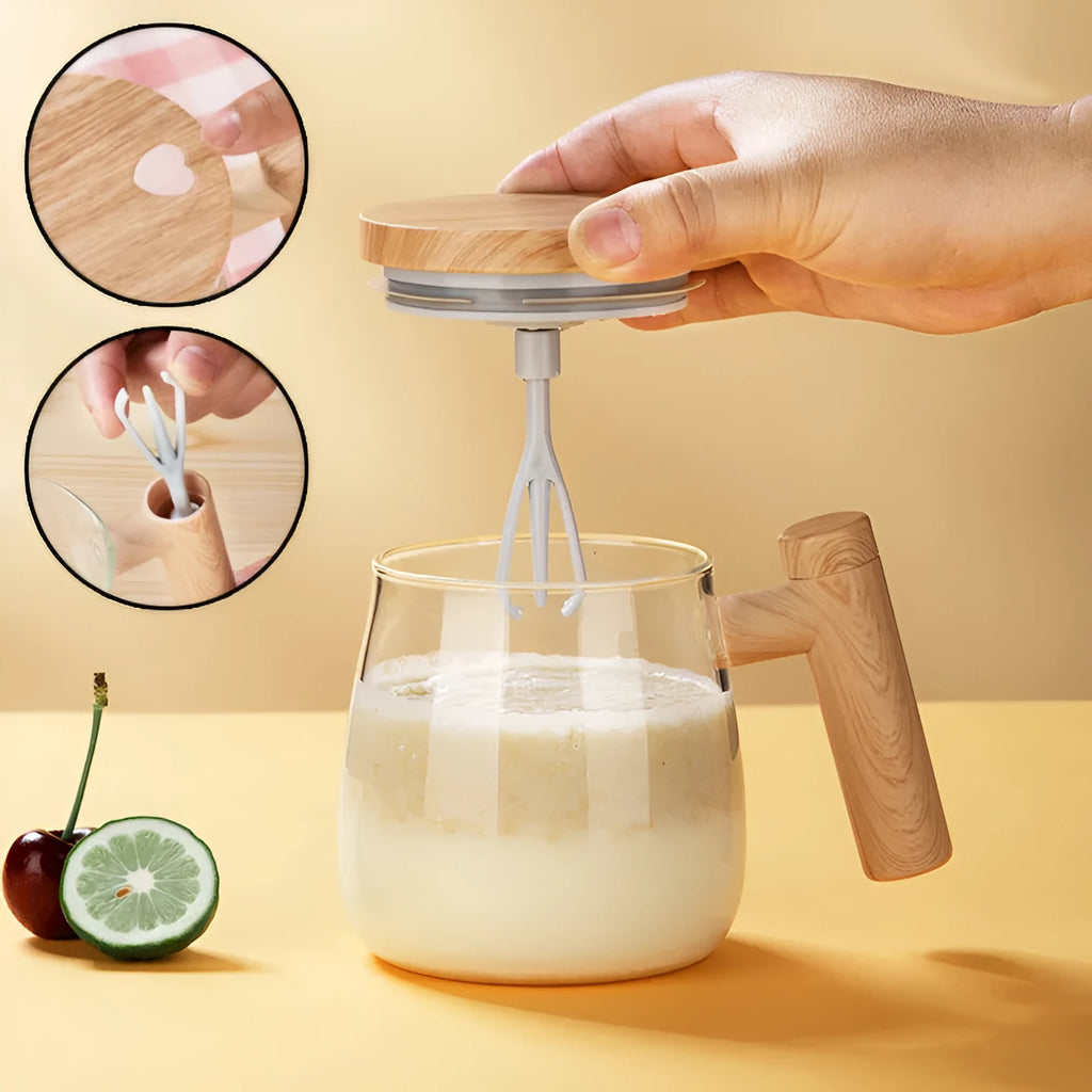 400ml clear borosilicate glass electric self-stirring coffee mug with mixing button.