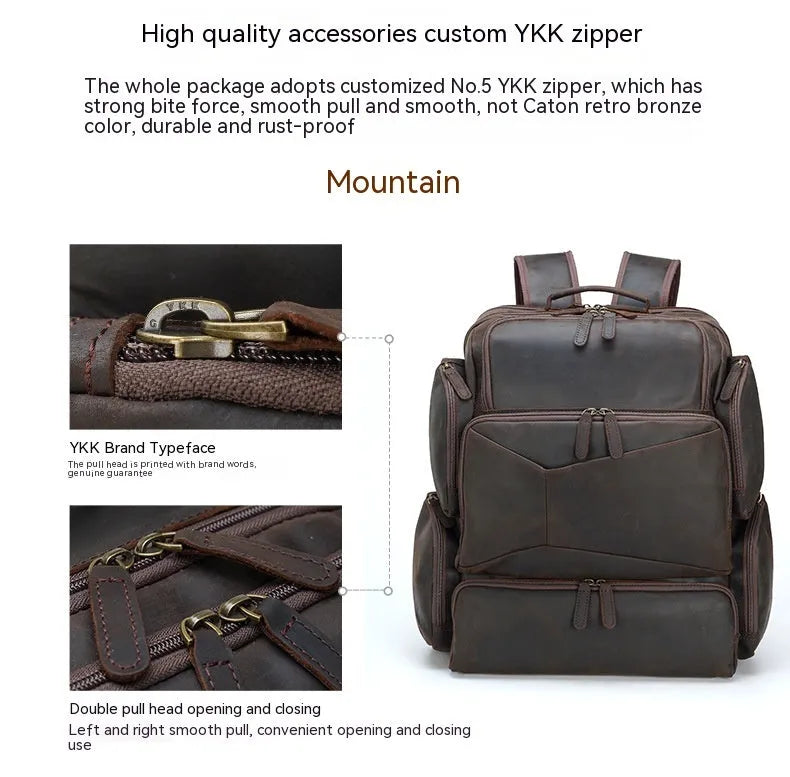 Dark brown genuine cowhide leather backpack with double shoulder straps and organisational compartments for 17-inch laptop