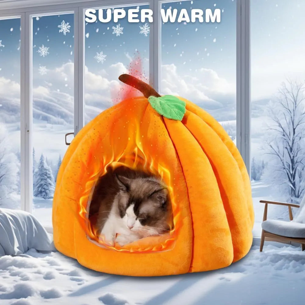 Pumpkin-shaped cat cave bed with removable mat in blue, grey or yellow