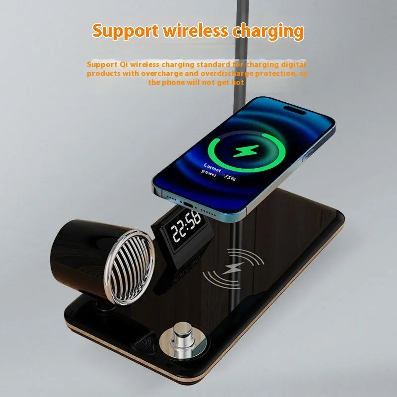 White and black intelligent table lamp with digital clock display and wireless charging pad on base.