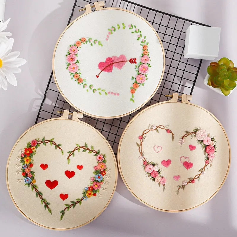 DIY embroidery kit with heart design on cotton cloth and 20cm bamboo frame