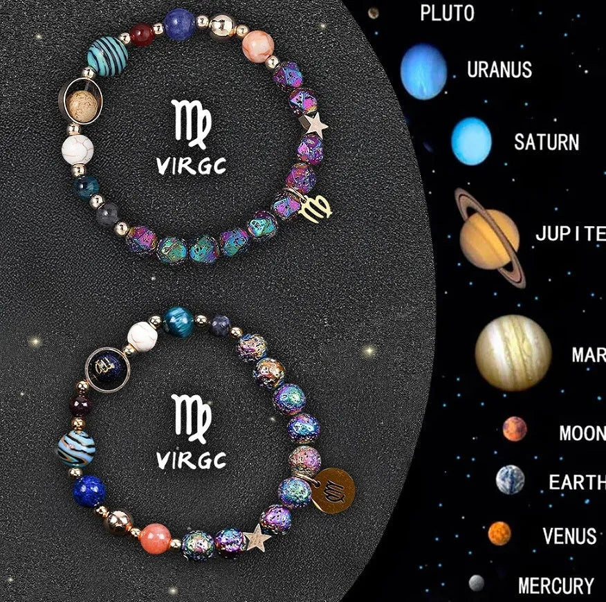 Natural stone zodiac bracelet with adjustable 18-22cm length showing twelve zodiac design options