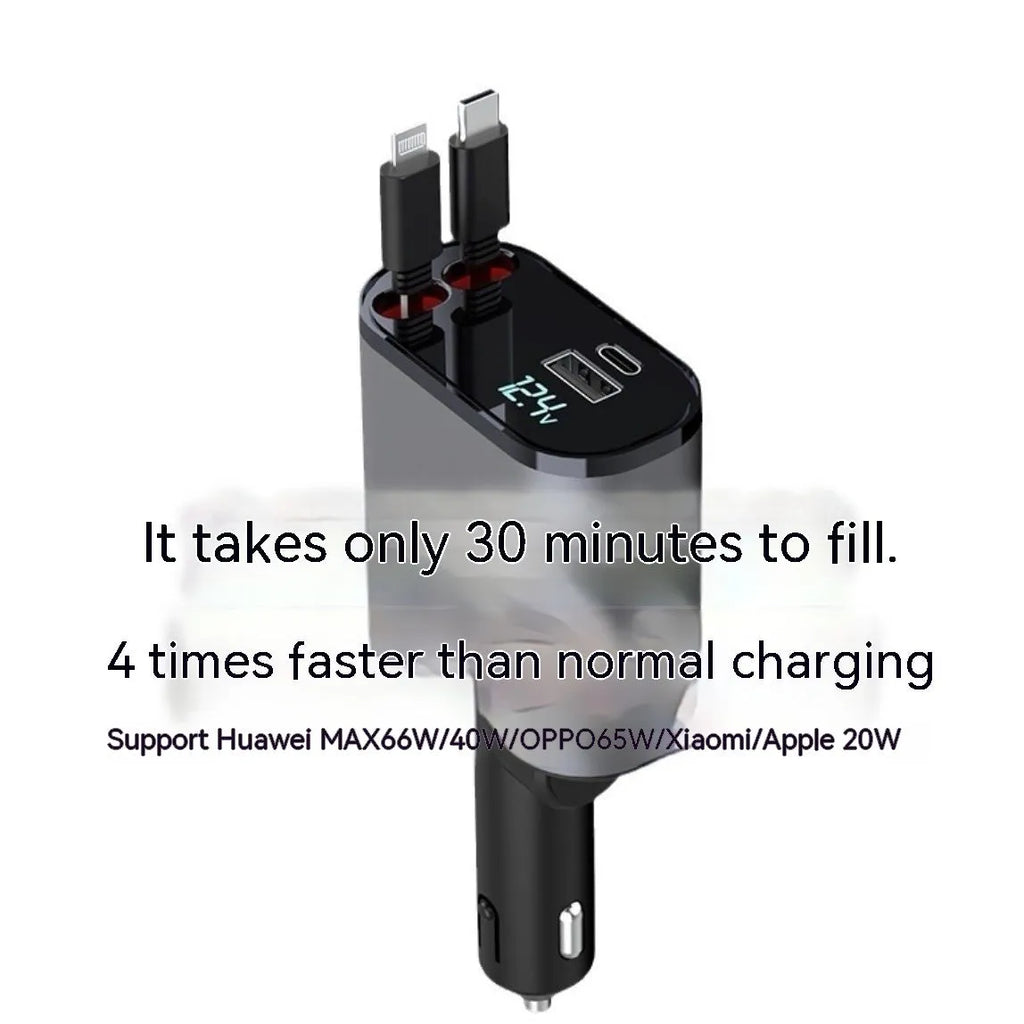 Automatic retractable car charger with extended headband showing four USB ports and cigarette lighter plug