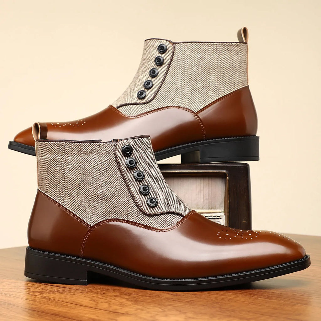 Men's brown retro formal shoes with side zipper and square heel on a neutral background