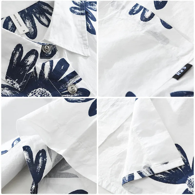 Printed short sleeve shirt in cotton blend fabric showing loose fit and cardigan style design