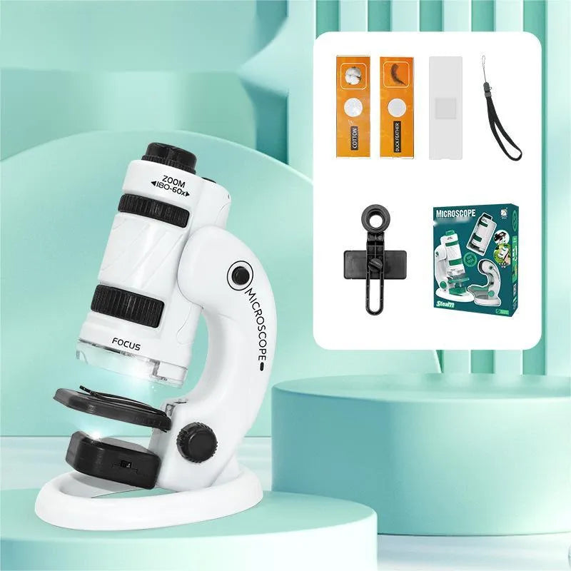 Portable plastic microscope set with specimen slides in white-green and white-black colour options.