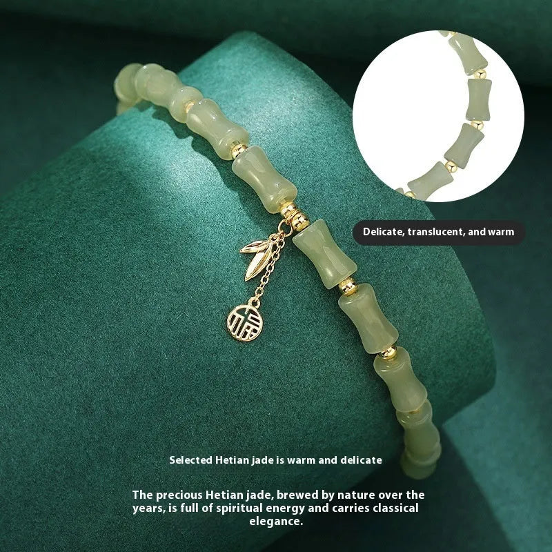 Chinese bamboo jade bracelet and necklace set with green jade details and safety clasp