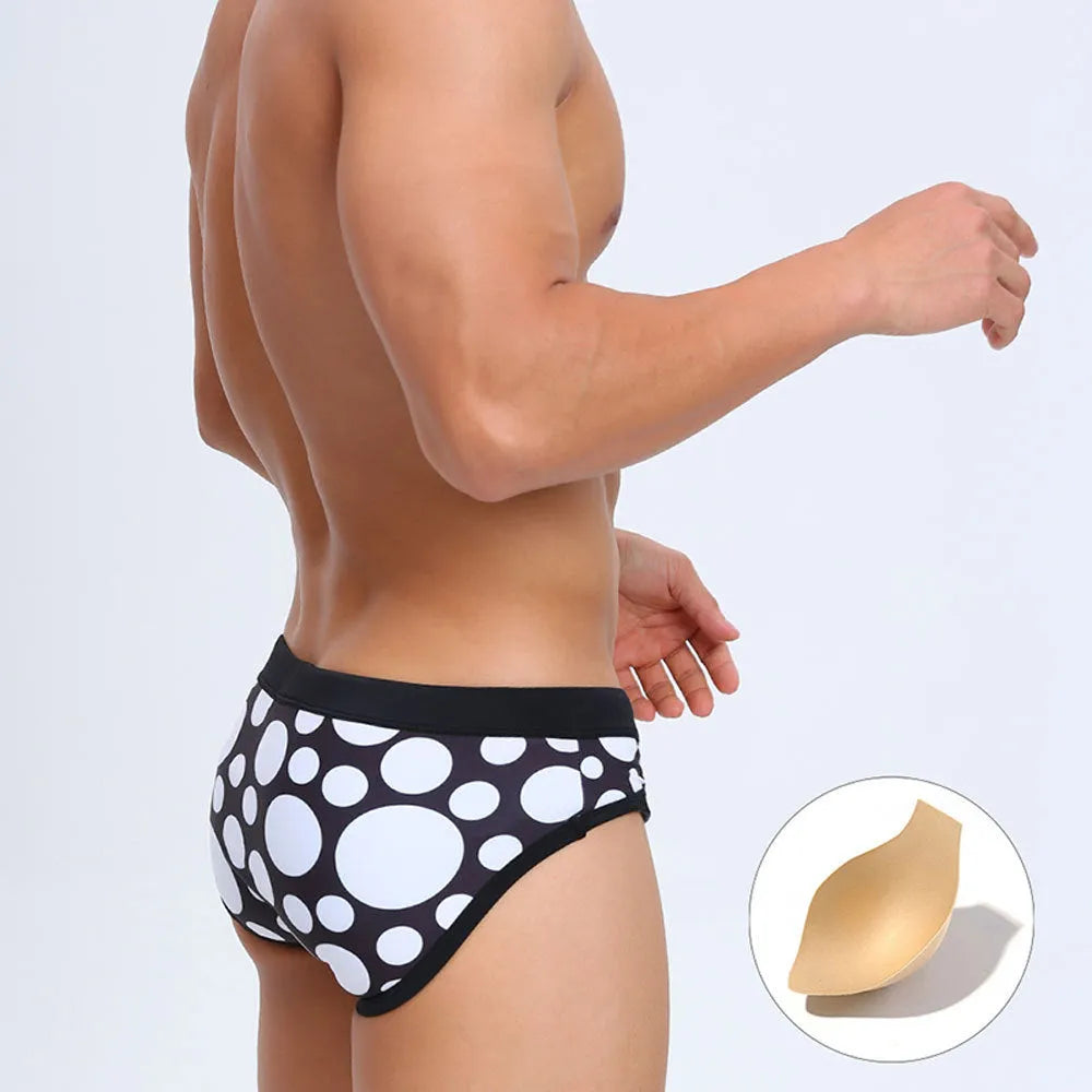 Men's triangle swimming trunks with cups, polyester, black or red ribbon cup design, sizes M to XXL