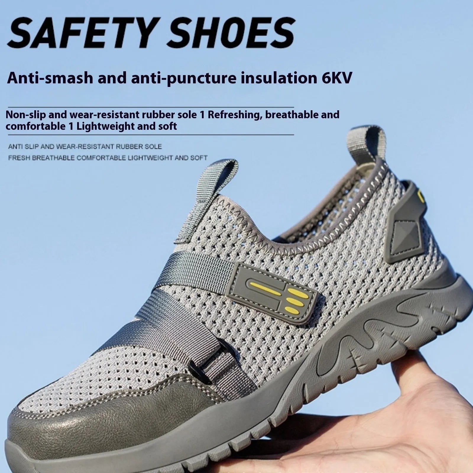 Grey anti-smash anti-puncture insulation safety work shoes with woven upper and thick rubber sole