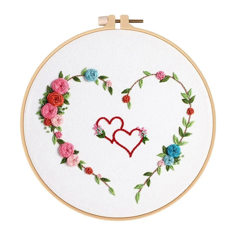DIY embroidery kit with heart design on cotton cloth and 20cm bamboo frame