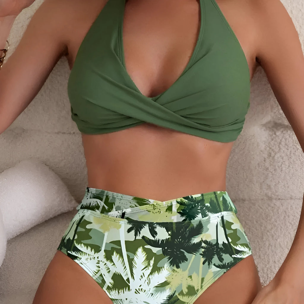 Women's high-waist floral print swimsuit in blue, green, lavender, peacock green or black