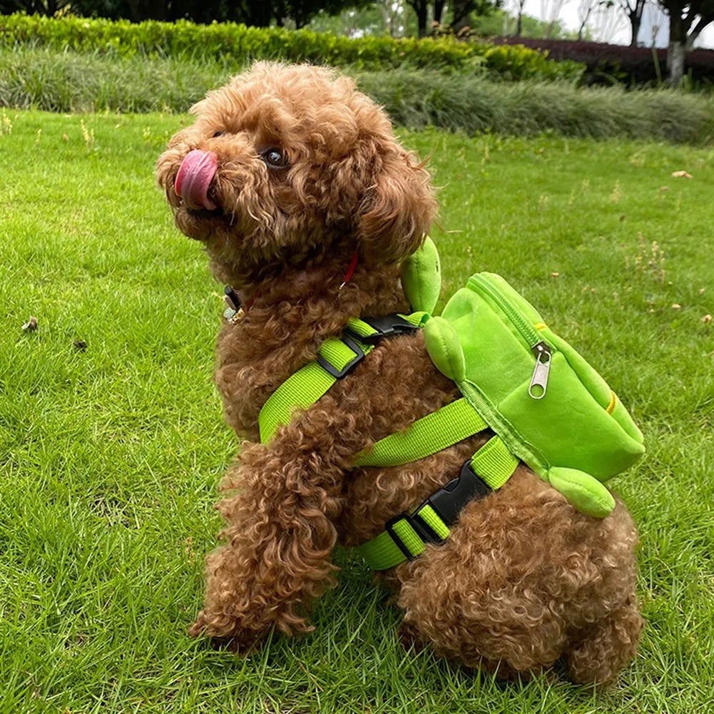 Cartoon turtle shape dog backpack with harness vest, 20x18cm, velvet material, metal zipper