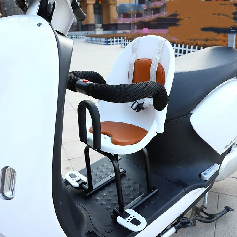 High carbon steel child seat measuring 20x20x53cm attached to scooter handlebars