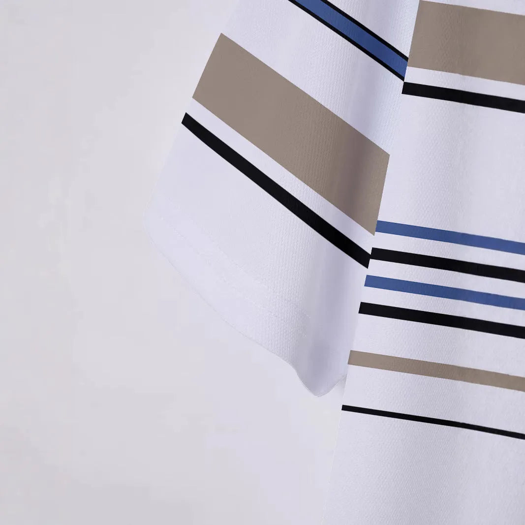 Men's white striped short sleeve t-shirt with loose fit design