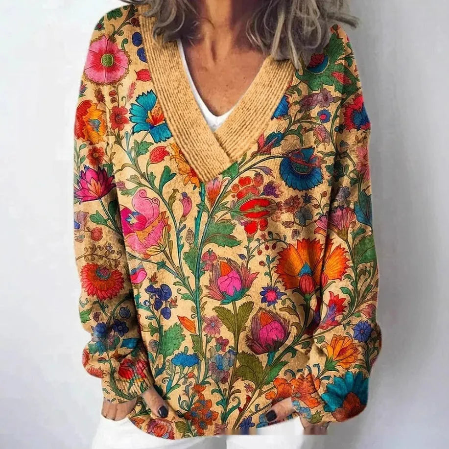 Women's floral pattern V-neck sweatshirt with 3D effect design in art retro style