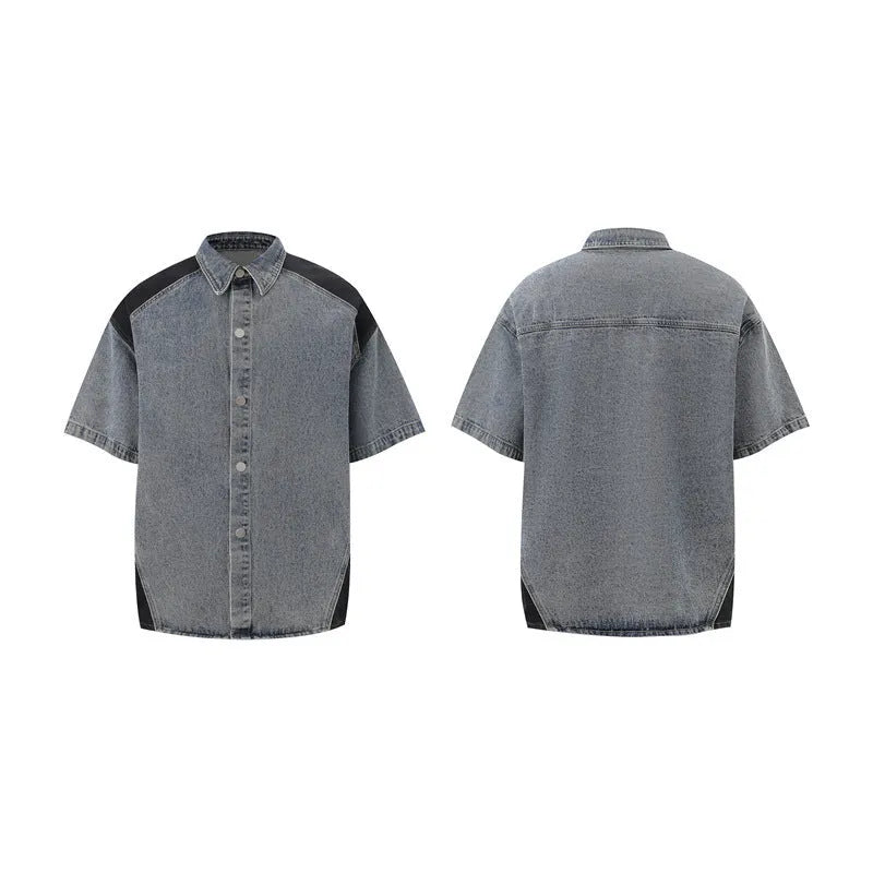 Retro washed denim suit set with short-sleeved jacket and trousers in black or blue, 100% Vinylon fabric