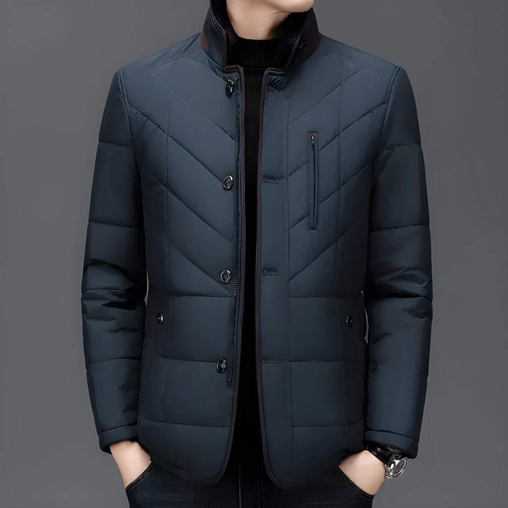 Men's short winter coat in dark blue with side seam pockets and cotton filler, sizes 170/M to 195/4XL