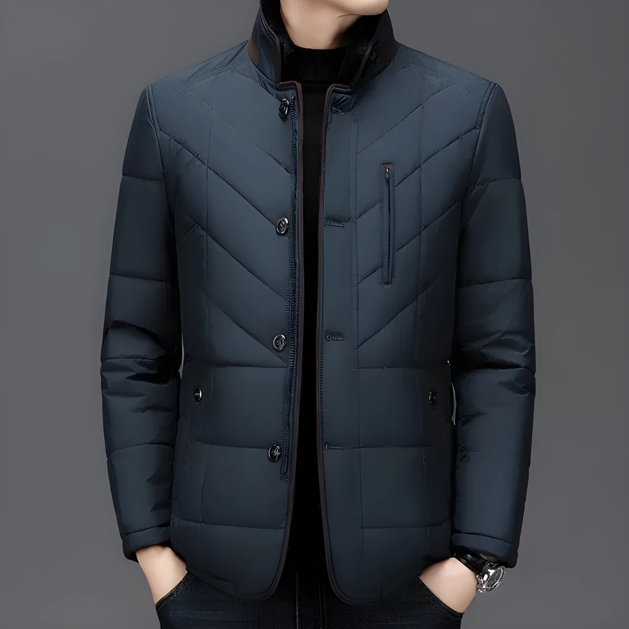 Men's short winter coat in dark blue with side seam pockets and cotton filler, sizes 170/M to 195/4XL