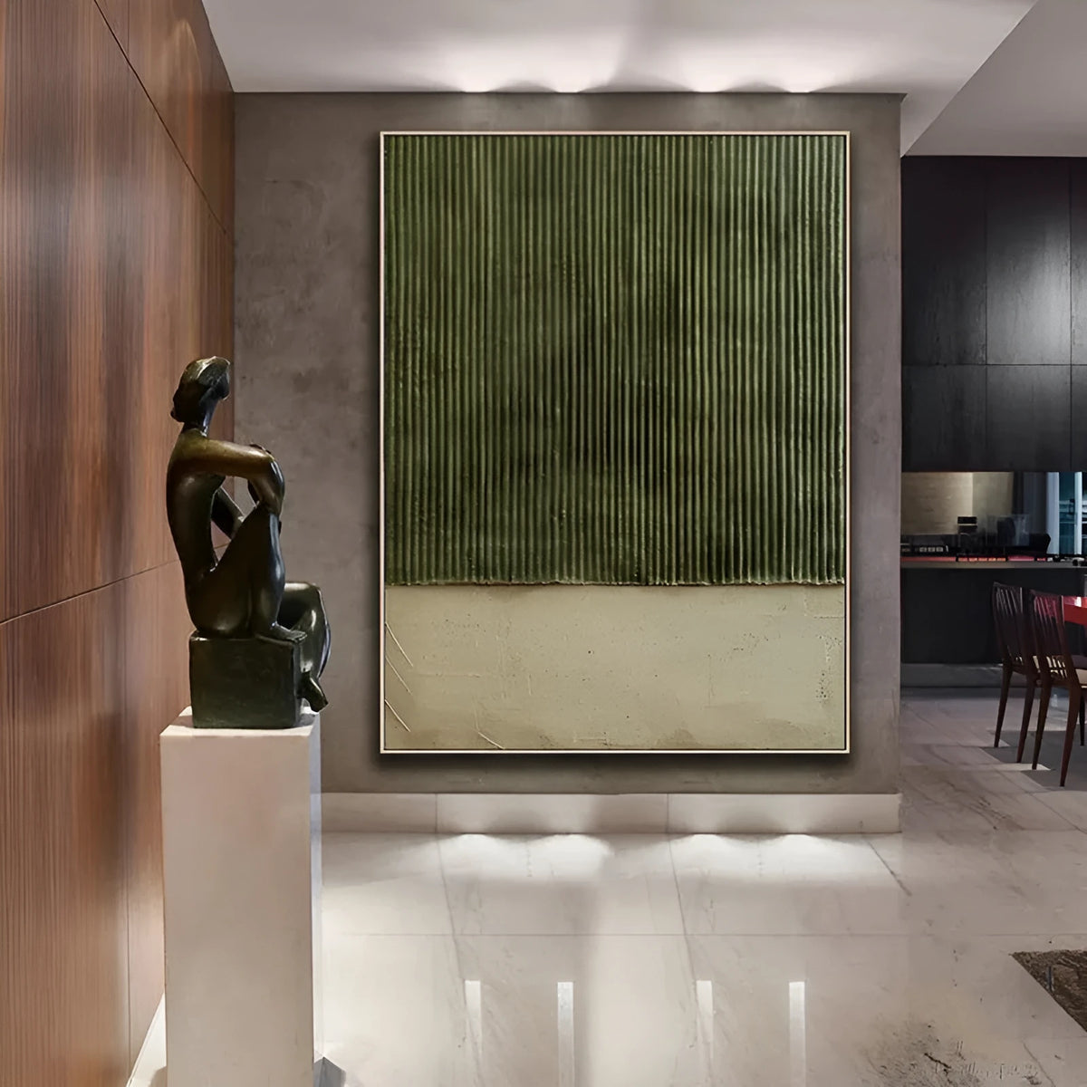 Large hand-painted green textured abstract oil painting on canvas, vertical one-panel wall art for living room and bedroom, no frame