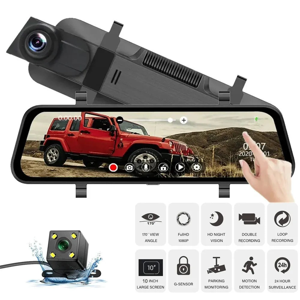 10-inch touchscreen car dashboard camera with front and rear dual-lens 1080p recording system