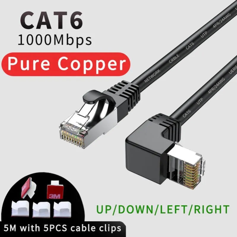 Cat6 Ethernet cable with right-angle RJ45 connectors in black, showing metal construction and length options for network setups