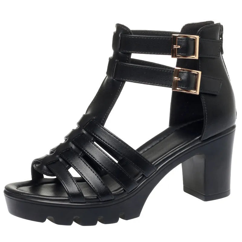 Women's beige hollow-out high heel sandals with rhinestones and a buckle fastening.