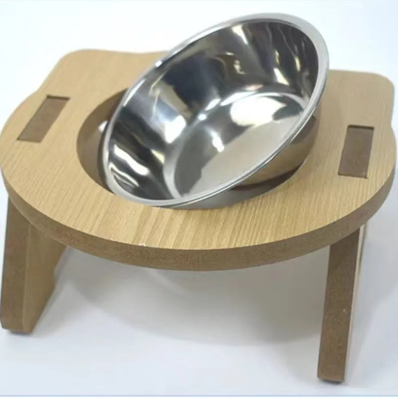 Wooden cat bowl feeder with two stainless steel compartments for food and water