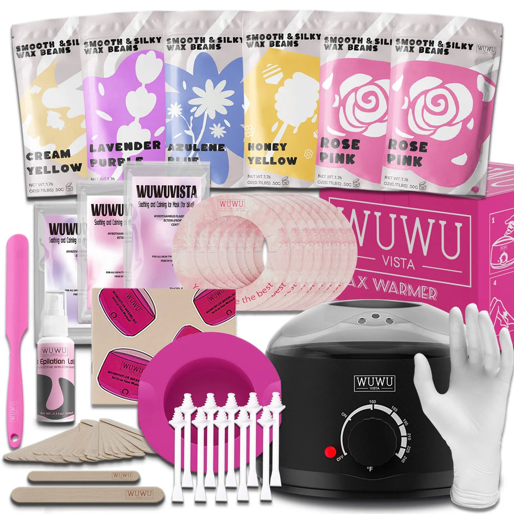WUWUVISTA waxing kit with black smart warmer, wax beads, silicone tools, applicators, and aftercare products on a pink background