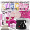 WUWUVISTA waxing kit with black smart warmer, wax beads, silicone tools, applicators, and aftercare products on a pink background