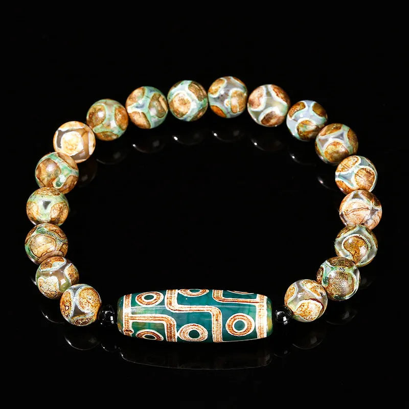 Green dzi bead barrel-shaped bracelet with 8mm agate beads, handmade unisex design