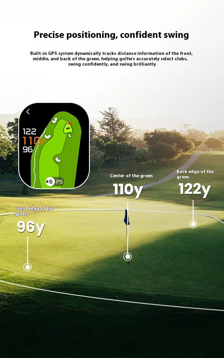 GenePro G1 black GPS rangefinder showing 2.13-inch AMOLED screen with distance measurement display