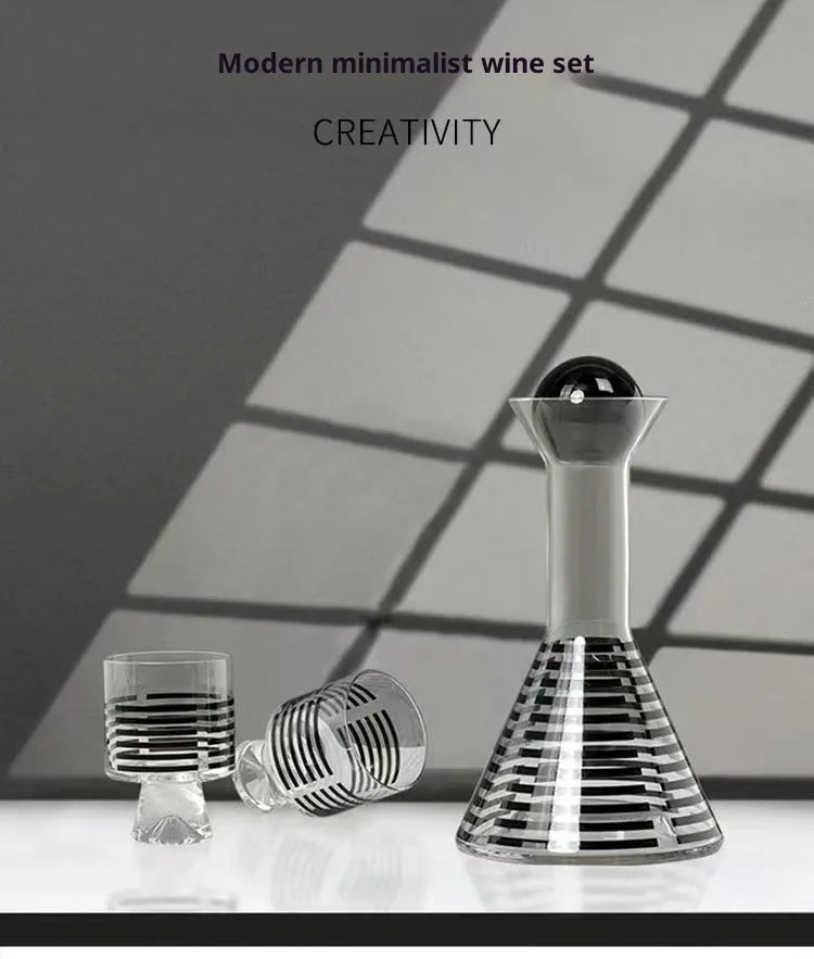 Black striped glass cold water bottle 1000ml with cover and two cups, modern simple style