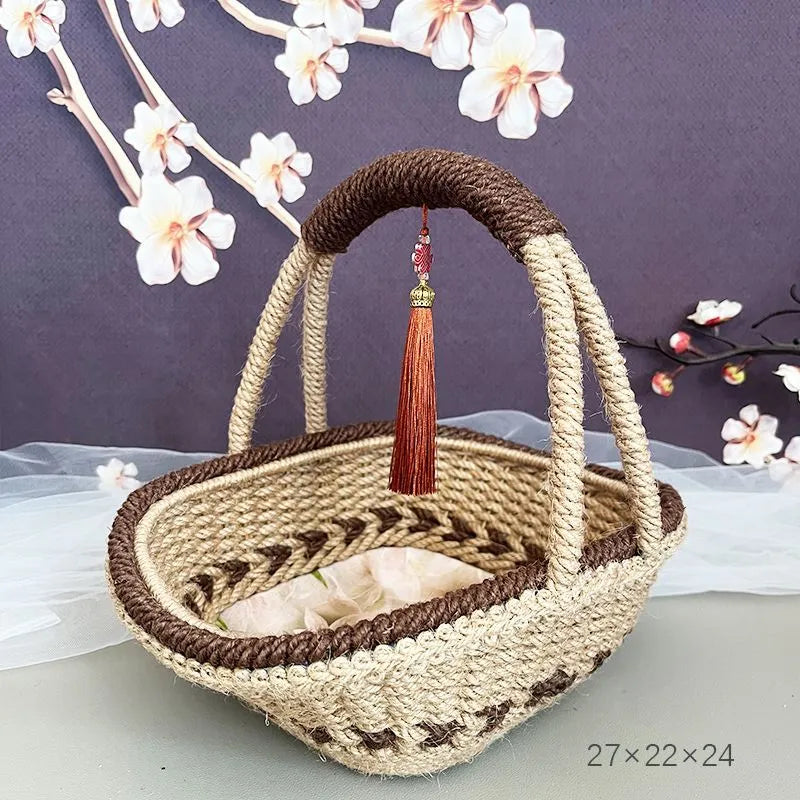 Hand-woven hemp rope basket in coffee brown measuring 19cm by 12cm with natural straw texture