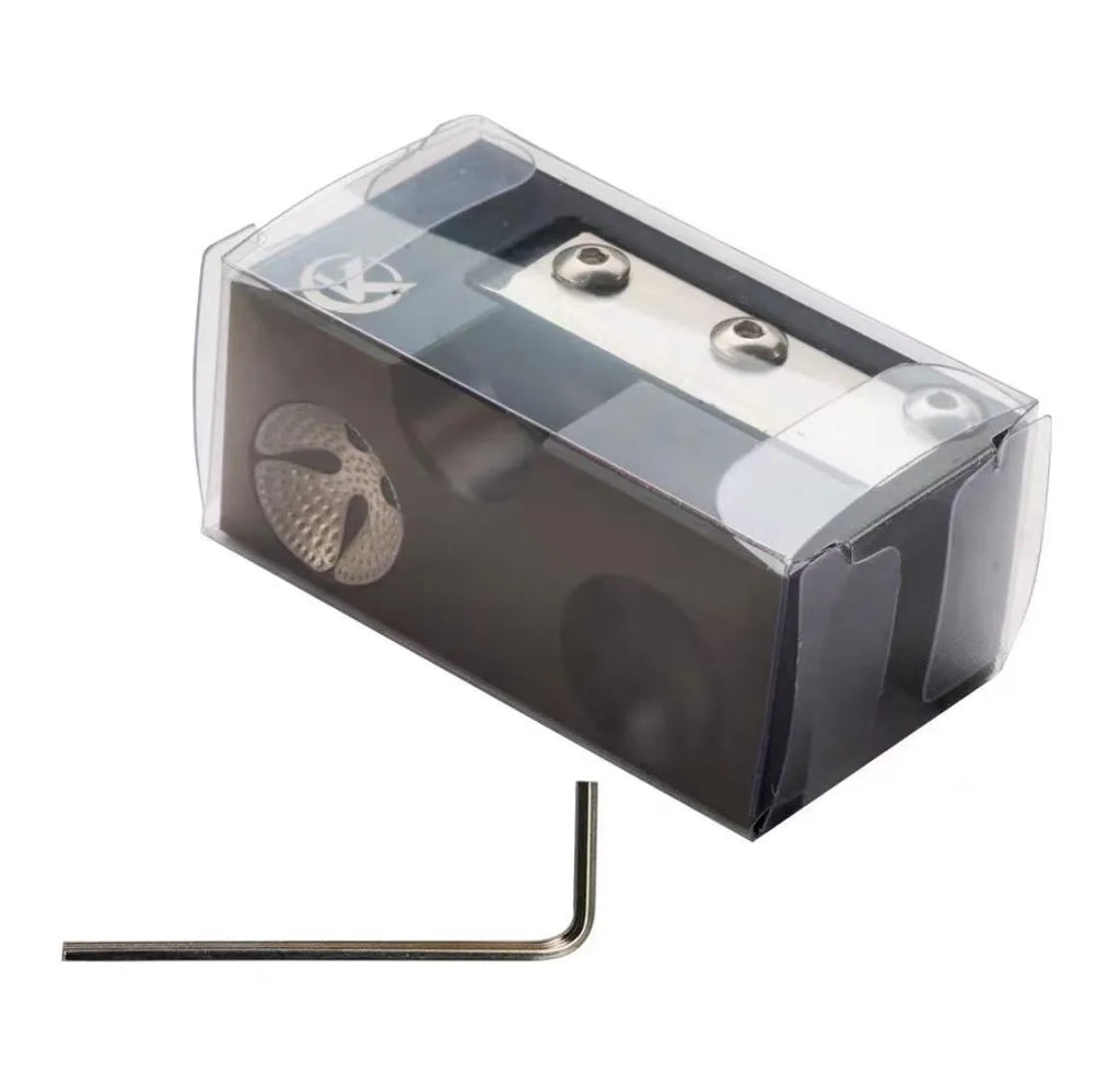 Black all-metal billiard cue leather head repair tool on a neutral background.
