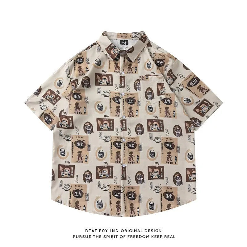 Full printed short sleeve shirt with floral pattern in loose cardigan style, sizes M to 2XL, made from polyester fibre