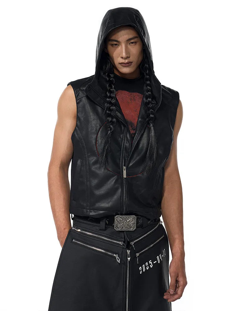 Black slim fit PU leather waistcoat coat for men with hood and five-pointed star detail.
