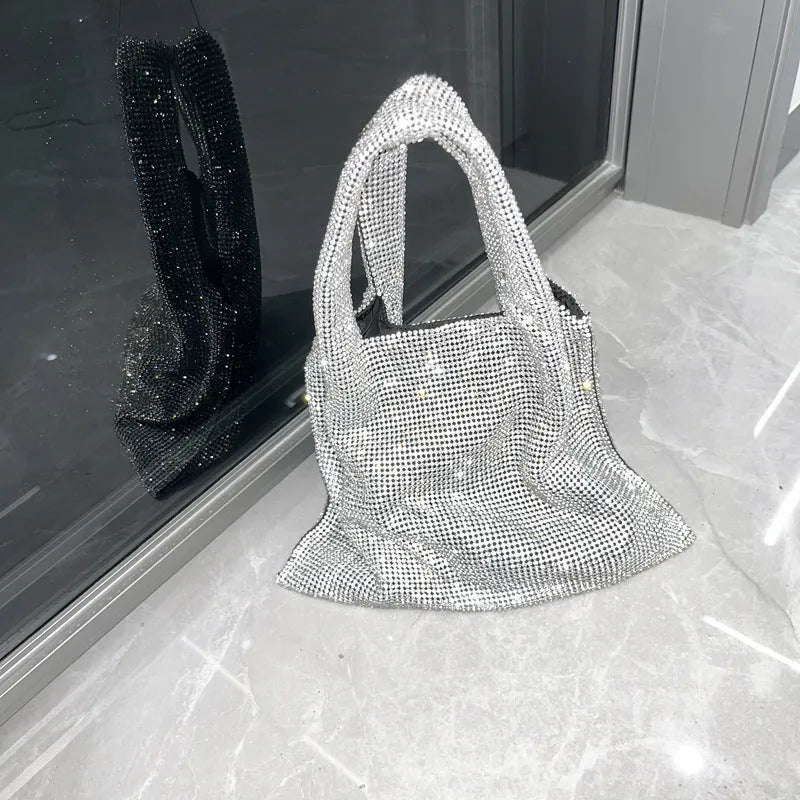 Silver cotton thread party handbag with shiny rhinestones and open outer pocket