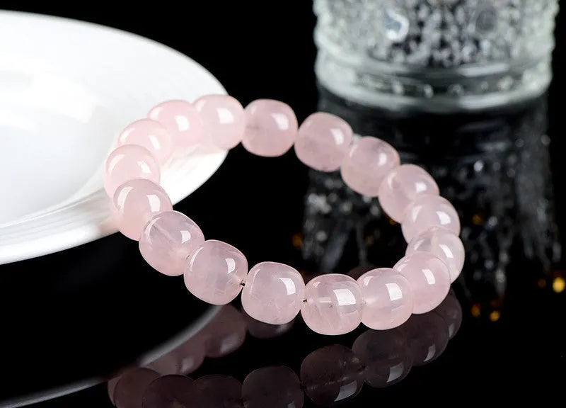 Natural Bamboo Crystal Barrel Bead Bracelet with 11-12mm pink geometric beads and grinding treatment finish