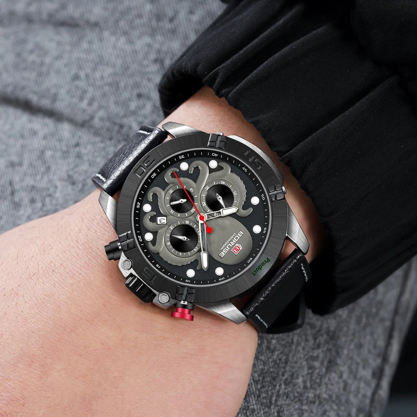 Men's waterproof quartz watch with octopus design and luminous feature in black or blue colour options