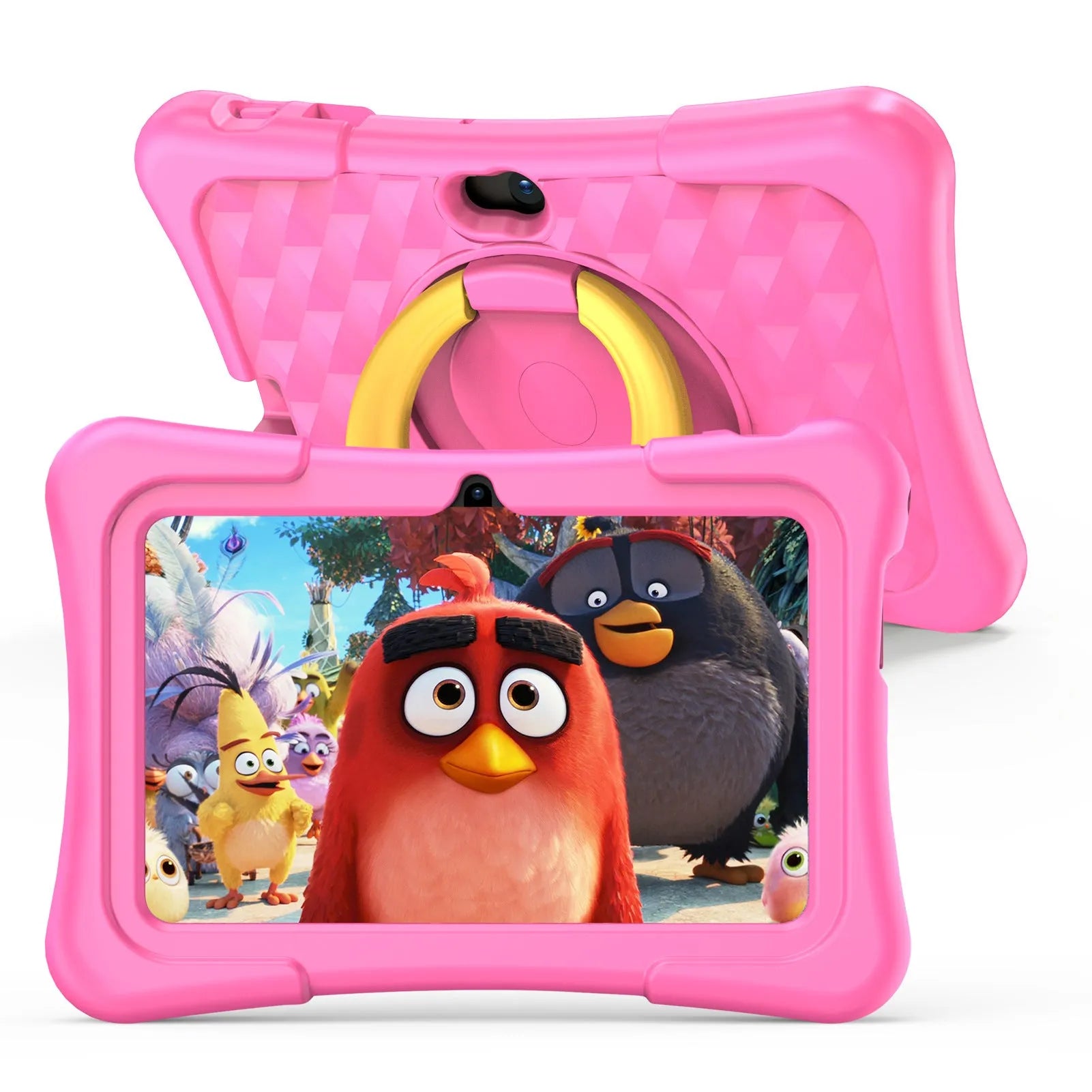 7-inch children's educational tablet with blue silicone protective cover and 360-degree rotation handle bracket