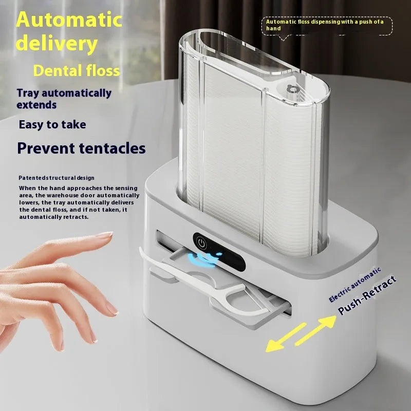 Intelligent Induction Dental Floss Box in dark grey, light grey, and gold with automatic pop-up mechanism and rechargeable battery