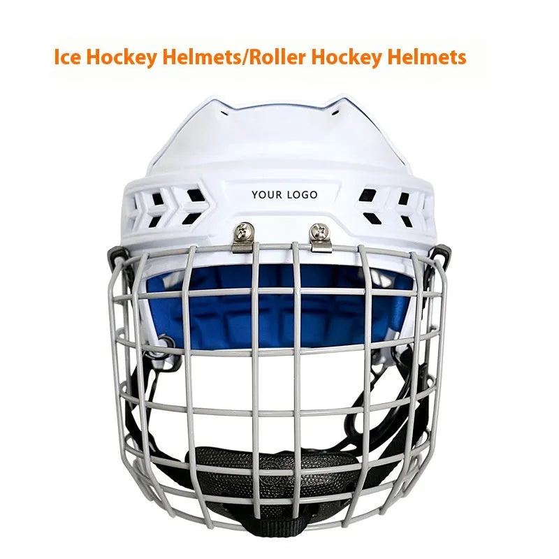 Ice hockey helmet with carbon steel face mask showing PP shell exterior and EVA lining interior