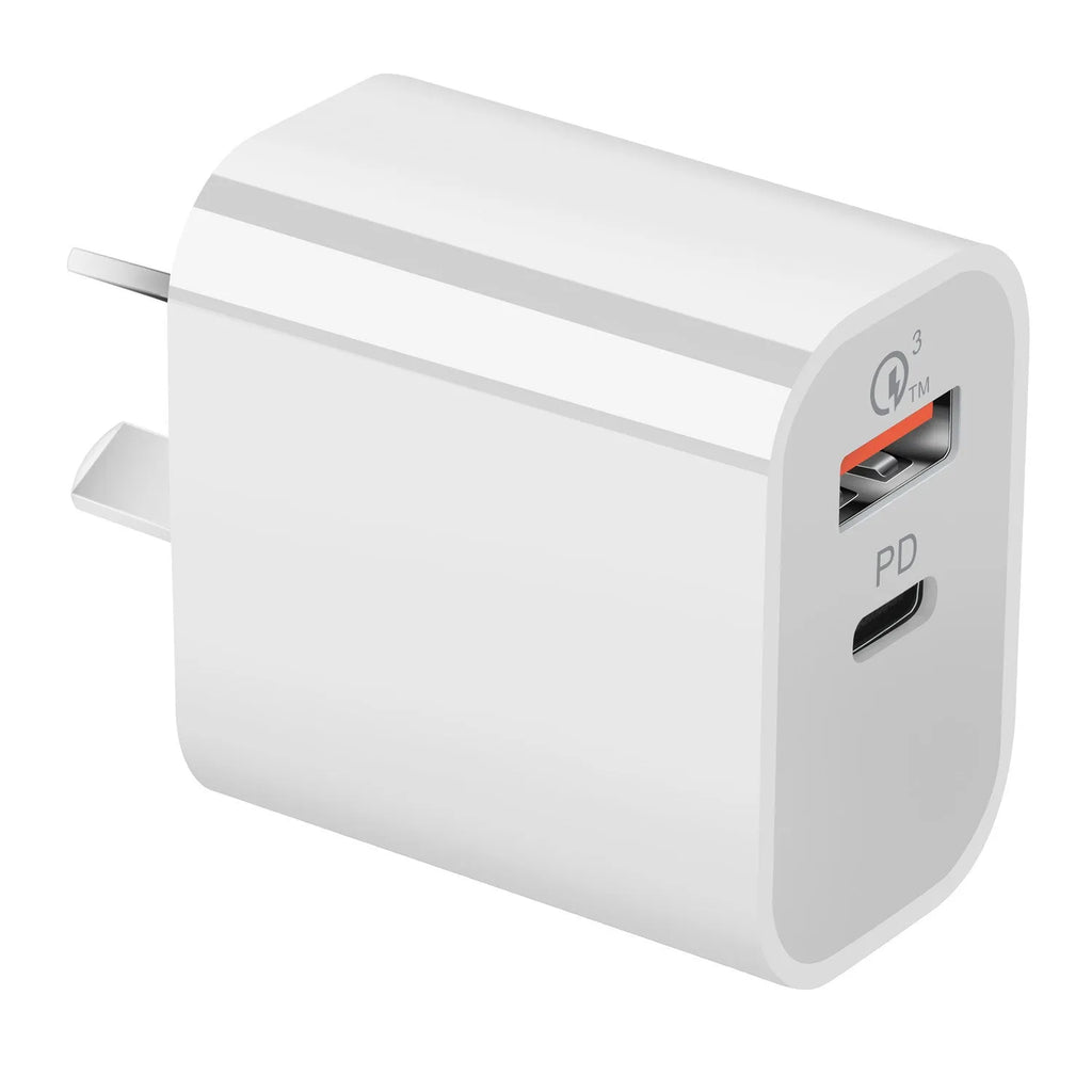 White Australian dual port USB wall charger showing Type-A and Type-C ports