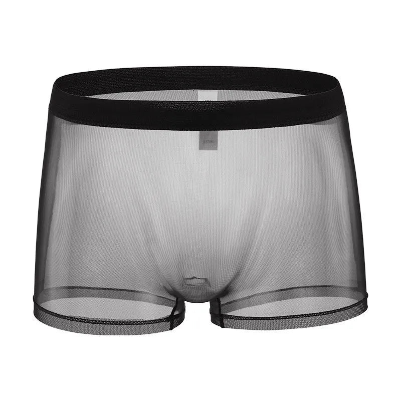 Men's low-waist mesh boxer briefs in black, made from breathable polyester fabric for summer