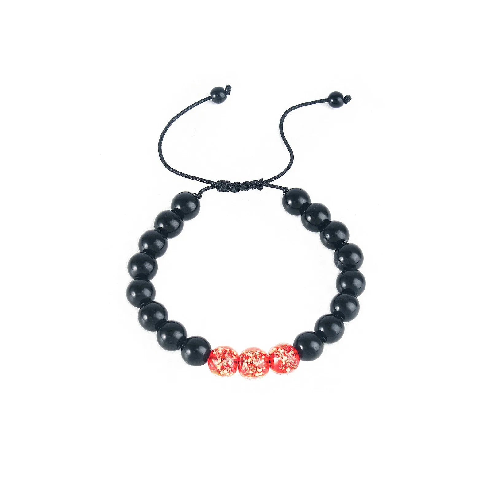 Geometric adjustable bracelet with luminous glass beads in sapphire blue on a wrist.