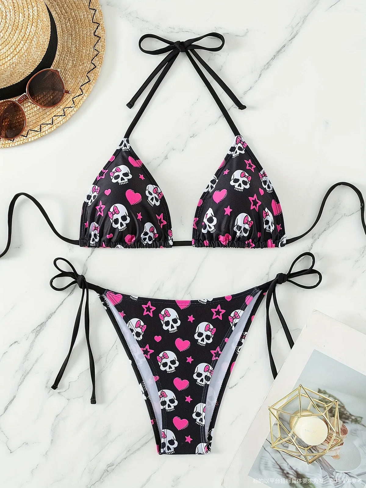 Spider print backless triangle bag bikini swimsuit with split system neck