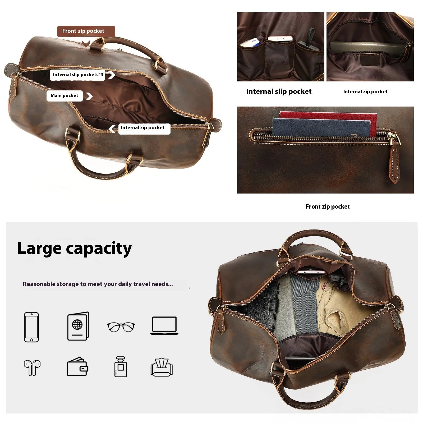 Large vintage-style genuine leather crossbody bag for men in black, shown with dimensions.