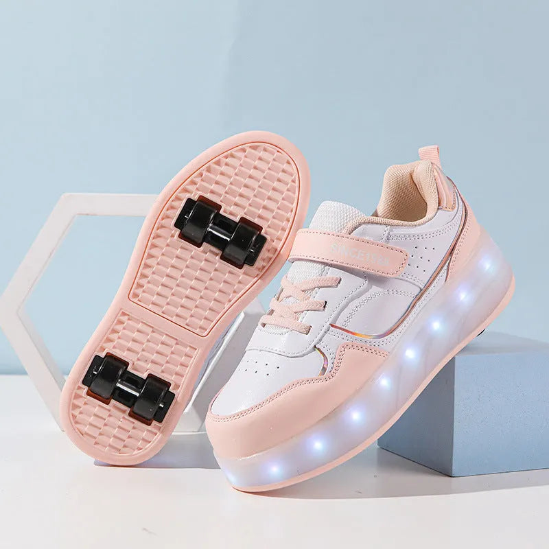 Children's pink and white roller skates with bright LED flashing wheels on a blue background.