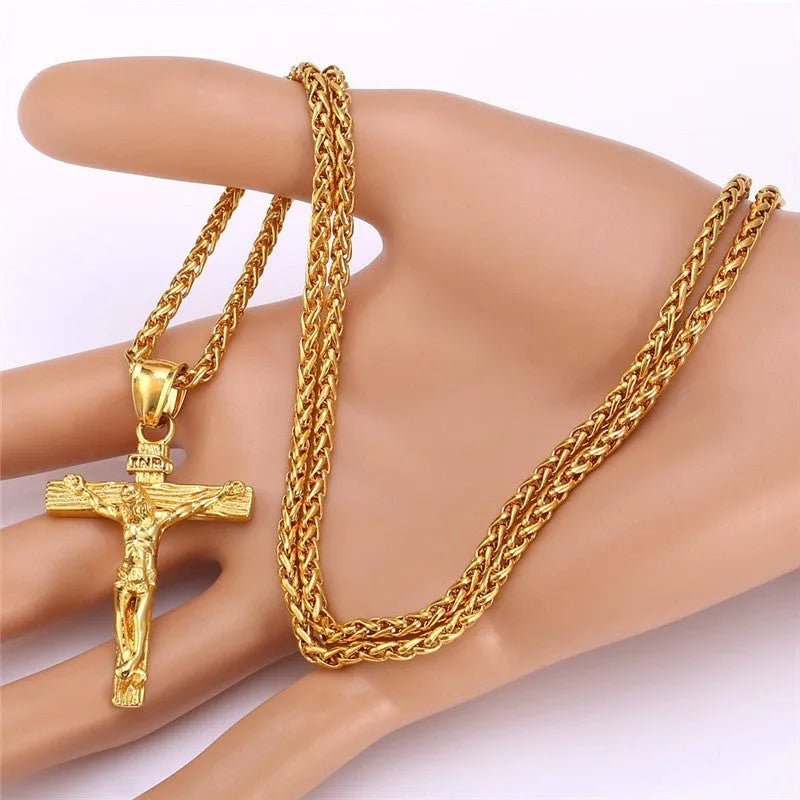 Unisex 60cm keel chain necklace with alloy cross or flower basket pendant in silver or gold